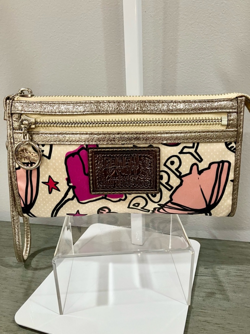 Coach Poppy Floral Wristlet in Gold & Pink